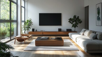 Fototapeta premium Minimalist living room featuring sleek furniture and soft neutral colors for a calming modern look.