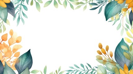 Foliage Frame. Vibrant Watercolor Leaves Border on White Background. Invitation, Greeting Card