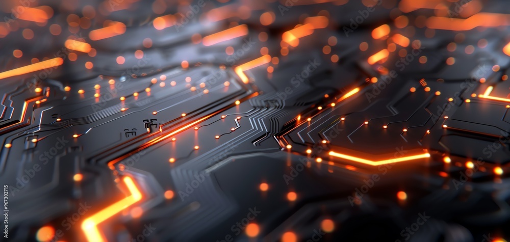 Poster Futuristic circuit board with glowing orange lines and intricate patterns, ideal for technology and innovation themes.