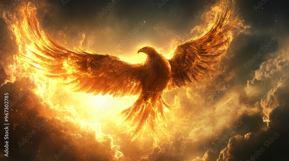 Poster A bird in flight with the sun illuminating its feathers, creating a dramatic and glowing effect against the sky.