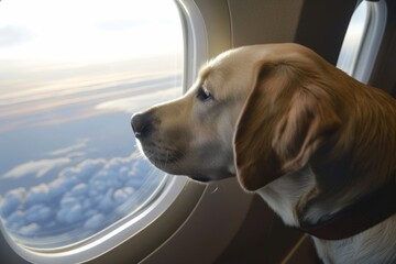 A dog gazes out an airplane window, intently watching the clouds below, capturing a moment of...