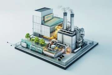 Obraz premium Modern industrial facility showcasing sustainable technology with green spaces and advanced machinery, emphasizing innovation and eco-friendly practices.