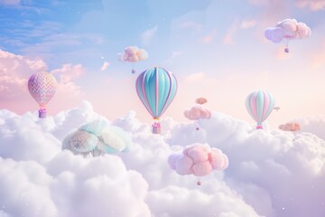 Obraz premium A magical scene of pastel-colored hot air balloons floating among cotton candy-like clouds under a dreamy sky at twilight.