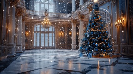 Blue and silver Christmas tree in an elegant ballroom, warm lighting and soft snow falling outside the large windows. Christmas