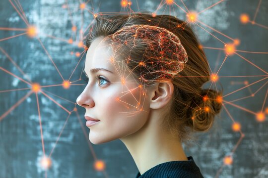 Neurocybernetics neuroinformatics data driven cognition AI neurotech and synaptic response side view of a womans illuminated brain visualizing advanced neurotechnology and mental cognition