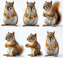 Fototapeta premium A charming collection of six squirrels depicted in various playful poses, each exhibiting unique expressions. Set against a white background.