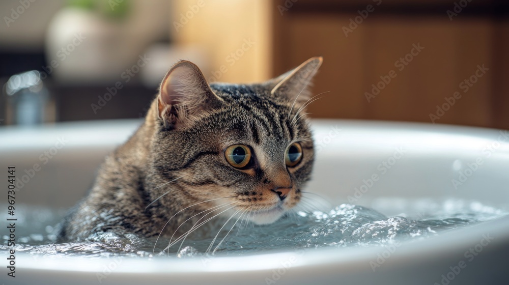 Poster a cat cautiously exploring a bathtub filled with a small amount of water, with a focus on its curiou