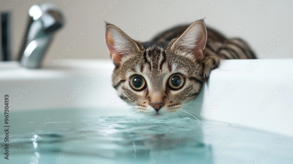 Poster a cat cautiously exploring a bathtub filled with a small amount of water, with a focus on its curiou