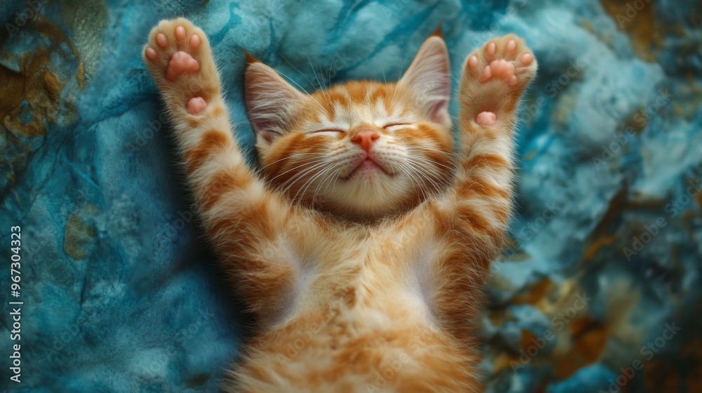 Poster A cat sleeping in a funny or unusual position, such as on its back with paws in the air, creating a charming and whimsical scene.