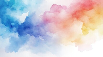 Fototapeta premium Watercolor illustration of Rainbow and fluffy clouds,rain season,hand drawn,children's watercolor illustration on a white background. Children's card,banner,raindrops drawn by hand.