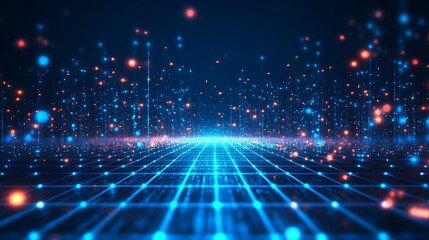 Obraz premium A vibrant digital landscape featuring glowing particles and a grid, perfect for technology and abstract themes.