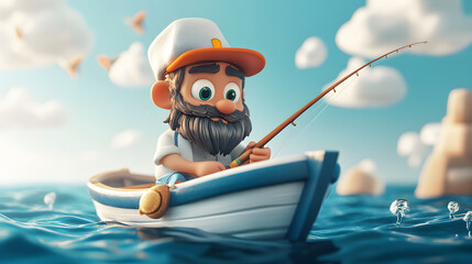 Naklejka premium A Cartoon character cute Fisherman fishing in the sea