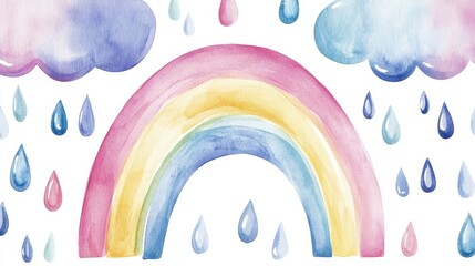 Watercolor illustration of Rainbow and fluffy clouds,rain season,hand drawn,children's watercolor illustration on a white background. Children's card,banner,raindrops drawn by hand.