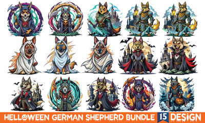 Obraz premium Halloween German Shepherd T-Shirt Design, Hand Drawn Illustration Isolated on White Background. Calligraphy Graphic Typography Element for Apparel. Hand Written Vector Sign