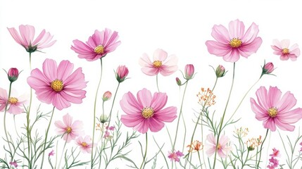 Watercolor Illustration set of Pink cosmos flowers on a white background,spring summer nature,Vibrant pink cosmos blooming,Children's card,banner,raindrops drawn by hand.