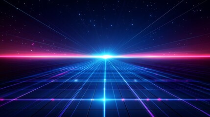 A vibrant digital landscape featuring neon lines and a beautiful starry sky, creating a futuristic atmosphere.