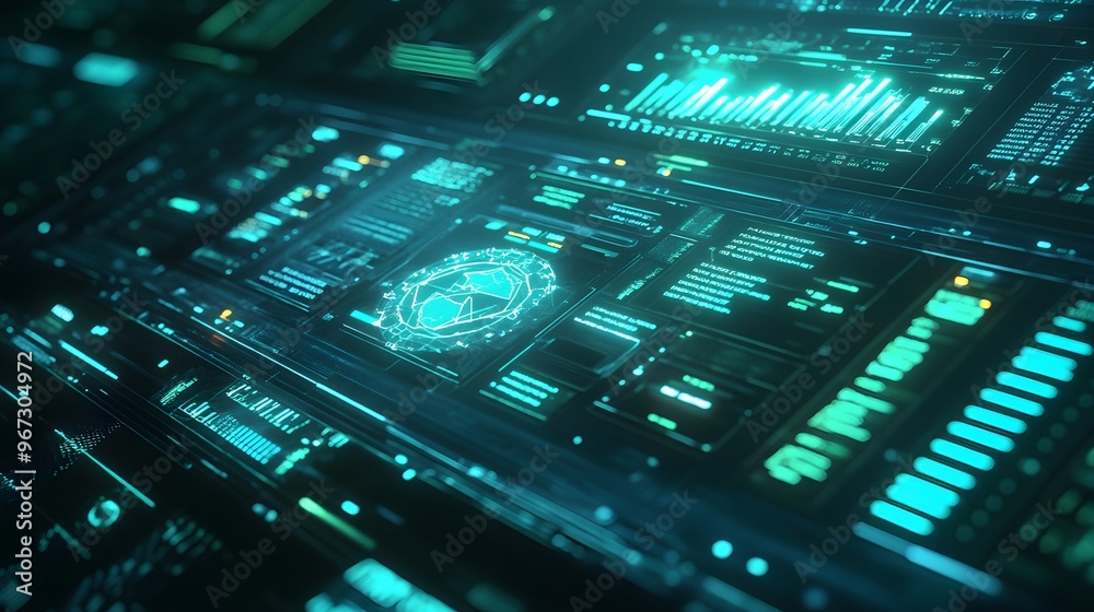 Poster futuristic interface with digital data display and glowing elements