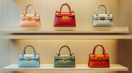 A chic handbag display in a boutique setting, showcasing various styles and designs of women's fashion bags on a stylish shelf.