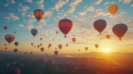 Naklejka premium A sky full of hot air balloons with a sunset in the background. The balloons are of different colors and sizes, creating a beautiful and peaceful scene