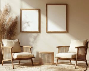 3D rendering of a coastal white interior design living room with boho table, chair, and decor. High quality 3D illustration.