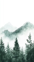 Fototapeta premium Watercolor of landscape forest misty mountains horizon and fog and hills,pine tree fir tree,Autumn forest background,drawn by hand,Autumn illustration design elements for landscape,wallpaper.