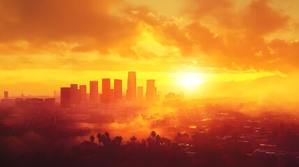 Sunset over Cityscape with Skyscrapers and Palm Trees