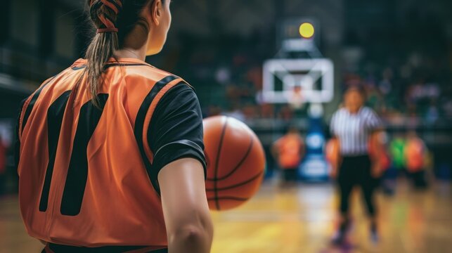 Photograph of a female basketball referee Holding a basketball on the sidelines while competing