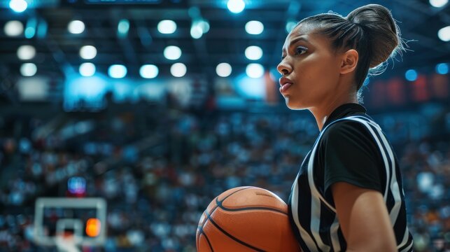 Photograph of a female basketball referee Holding a basketball on the sidelines while competing