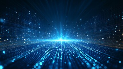 Fototapeta premium A vibrant display of blue rays and particles creating a digital atmosphere, perfect for tech and futuristic themes.