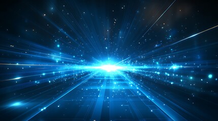 Obraz premium A vibrant explosion of blue light beams radiating from a central point, creating a dynamic and cosmic atmosphere.