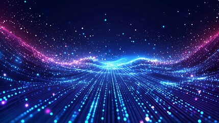 Obraz premium A vibrant, colorful wave of light particles flowing through a dark space, creating a dynamic digital atmosphere.