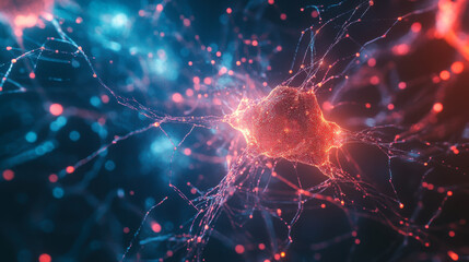 Colorful network of neurons connecting in a vibrant digital landscape under virtual lighting conditions