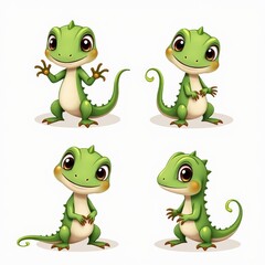Obraz premium Cute Cartoon Geckos Illustration - Adorable Green Geckos in Various Poses for Kids' Themes and Educational Materials