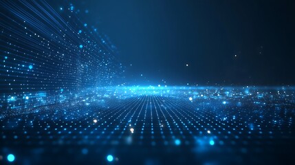 Obraz premium Abstract blue background with glowing dots and lines creating a futuristic digital landscape. Perfect for tech and science themes.