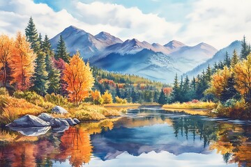 Obraz premium Watercolor landscape with mountains, forest and river in front. beautiful landscape.