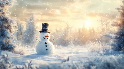 Obraz premium Traditional snowman in a snowy field, top hat and carrot nose, pine trees frosted by snow, bathed in the soft glow of sunset. Christmas