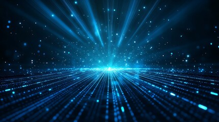 Fototapeta premium Abstract digital background featuring glowing blue rays and particles, creating a sense of depth and motion.