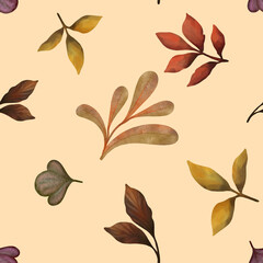 Autumn Leaves Pattern, Warm Fall Foliage Design, Warm colors, Seasonal,  Forest, Handdrawn, 
 Watercolor