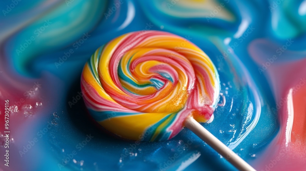 Aufkleber A close-up of a single lollipop with a swirl pattern, capturing its glossy surface and vibrant colors.
