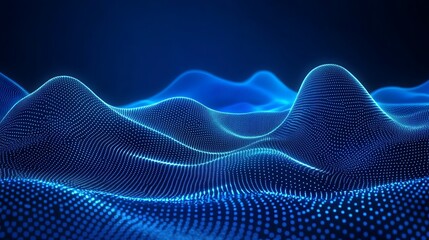 Abstract digital landscape with flowing blue waves and glowing particles, perfect for technology and future-themed designs.