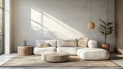 Modern minimalist living room design with sleek furnishings and calming neutral tones for a stylish ambiance.