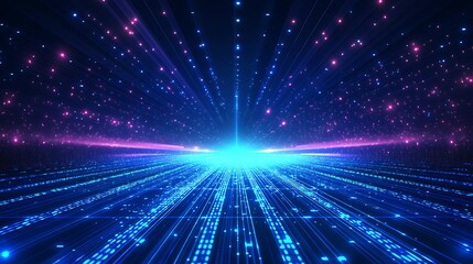 Obraz premium Abstract digital landscape with glowing particles and beams of light, creating a vibrant cosmic atmosphere.