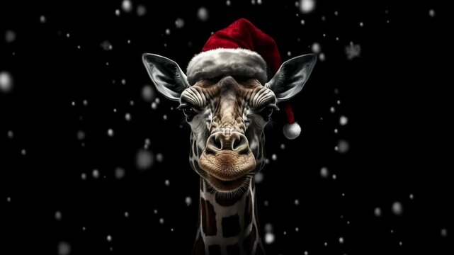 A Giraffe Wearing a Christmas Hat With a Black Background Featuring a Snowstorm