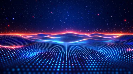 Abstract digital landscape with vibrant blue and red waves, ideal for technology and futurism themes.