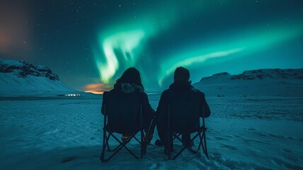 Romantic Couple in black and bright outfit sit in foldable camping chairs watch northern lights show in official campsite. Woman and man at winter night landscape in Iceland 