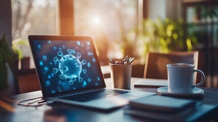 Fototapeta premium A digital virus illustration displayed on a laptop screen in a modern office setting with a coffee cup and natural light creating a warm atmosphere.