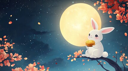 Cute rabbit sits on an osmanthus tree, holding a mooncake in its hands, with a full moon hanging high in the night sky, celebrating the Mid-Autumn Festival design. Translation: Moon Festival. 