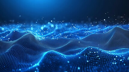 Abstract glowing wave of blue particles creating a stunning digital landscape with depth and movement.