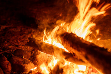 A vibrant campfire burns brightly, casting warm light around stones and wooden logs in a tranquil outdoor environment at night