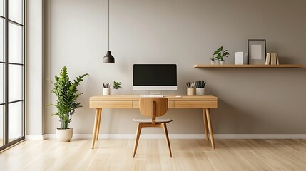 A minimalist home office featuring a wooden desk, sleek computer, potted plants, and neutral decor, creating a serene and productive workspace.